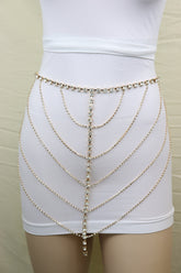New Women Gold Metal Chain Wave High Waist Belt Rhinestone S M